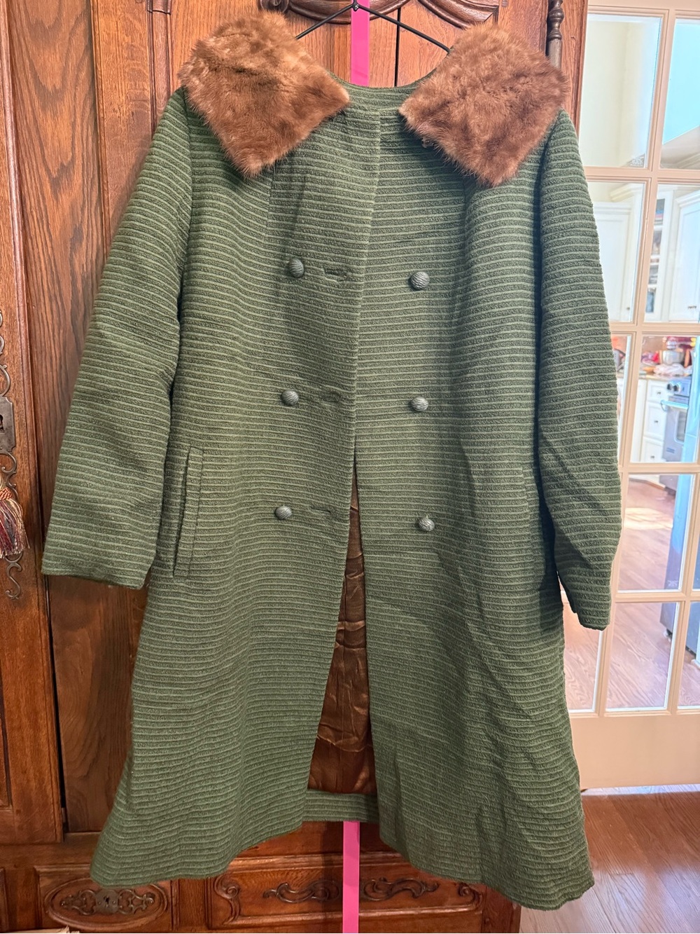 Men's Olive Green Double-Breasted Pea Coat with Brown Faux Fur Collar